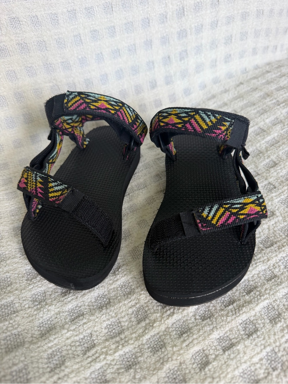 Teva Kids Black Sandals with Pink Yellow and Light Blue Aztec Straps